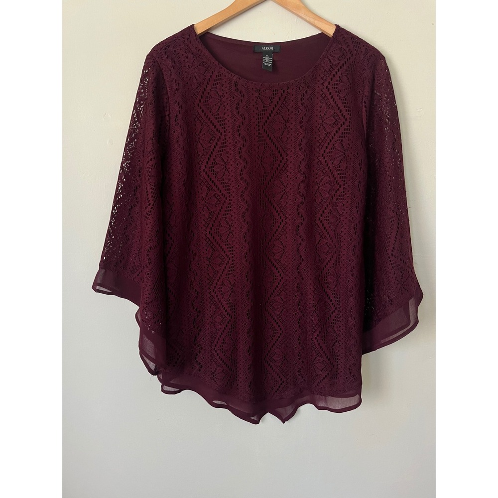 Alfani Womens XL Burgundy Lace Bell Sleeve Blouse Boho Layered Sheer Trim Top - Picture 1 of 6